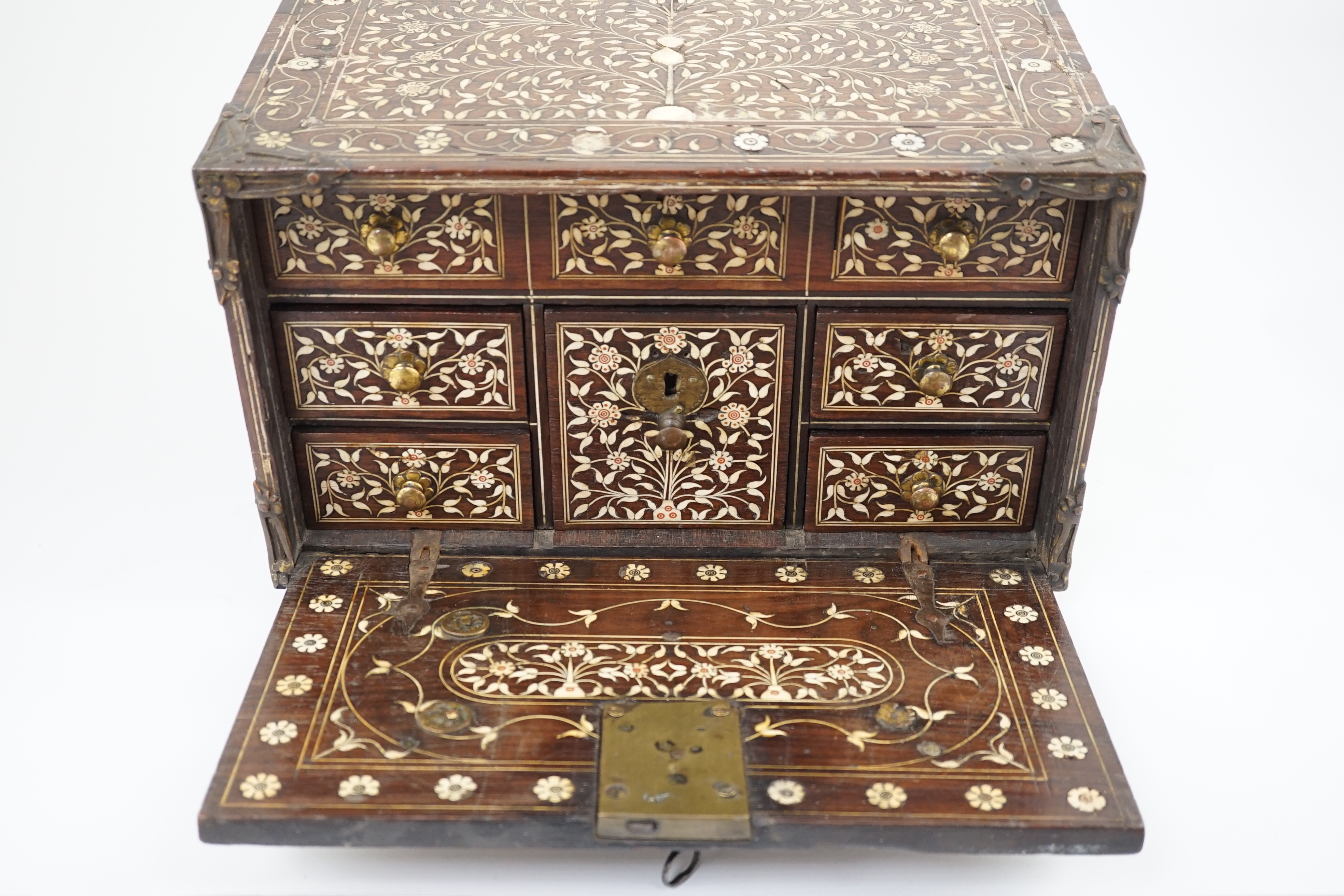 An early 17th century Indo-Portuguese ivory inset hardwood travelling chest